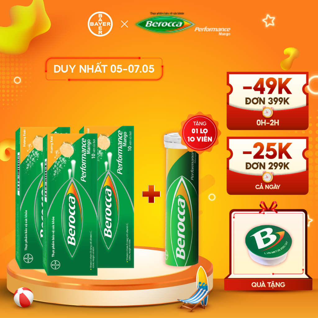 Bộ 3 hộp viên sủi bổ sung Vitamin Berocca Performance Mango 10 Viên/hộp