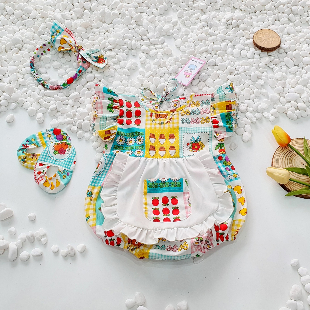 Bodysuit áo liền quần thiết kế tạp dề RIOKIDS cho bé gái sơ sinh BD110