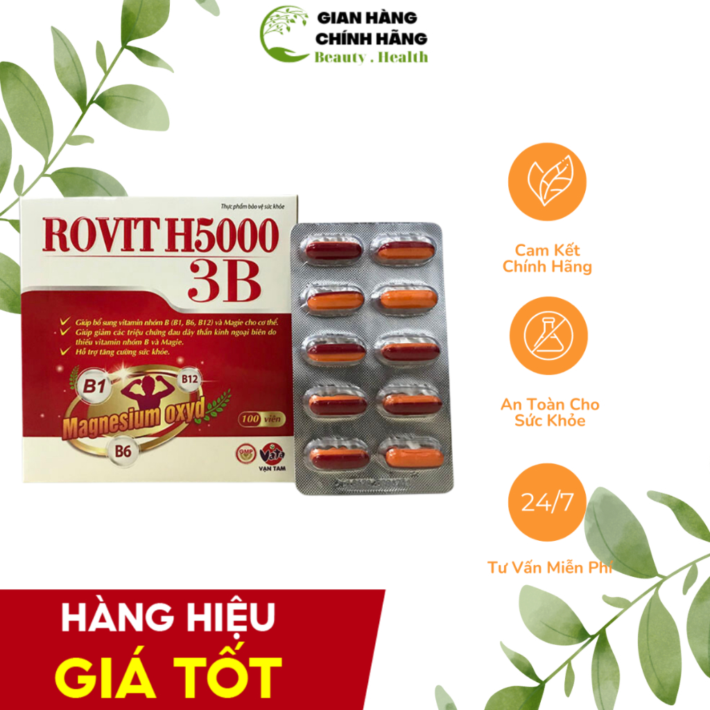 Rovit H5000 3B Hộp 100 Viên - Bổ Sung Vtamin Nhóm B, Mg, Giảm Triệu Chứng Đau Dây Thần Kinh Ngoại Biên