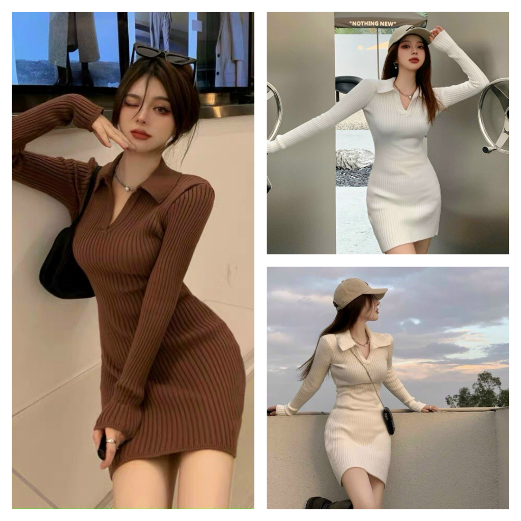Đầm thun ôm tay dài cổ polo dáng ngắn 3 màu - FN295