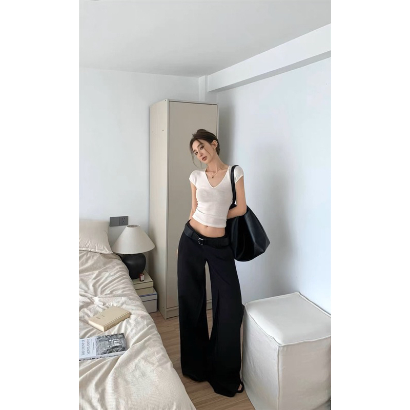 Set áo thun chữ v tay ngắn dáng ôm + quần tây ống rộng lưng thấp trendy