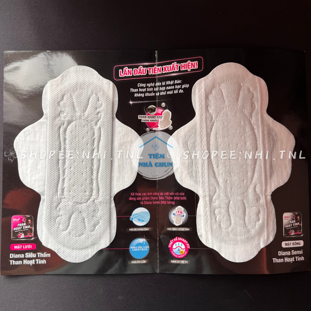 -   - GÓI 8 MIẾNG 23CM - Băng Vệ Sinh Diana Than Hoạt Tính Nano Bạc Mặt Bông / Mặt Lưới - NHI.TNL