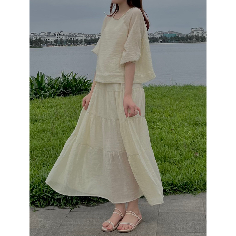 Set áo voan tơ nhăn 2 lớp kèm chân váy xoè dáng dài/ Lucie Set