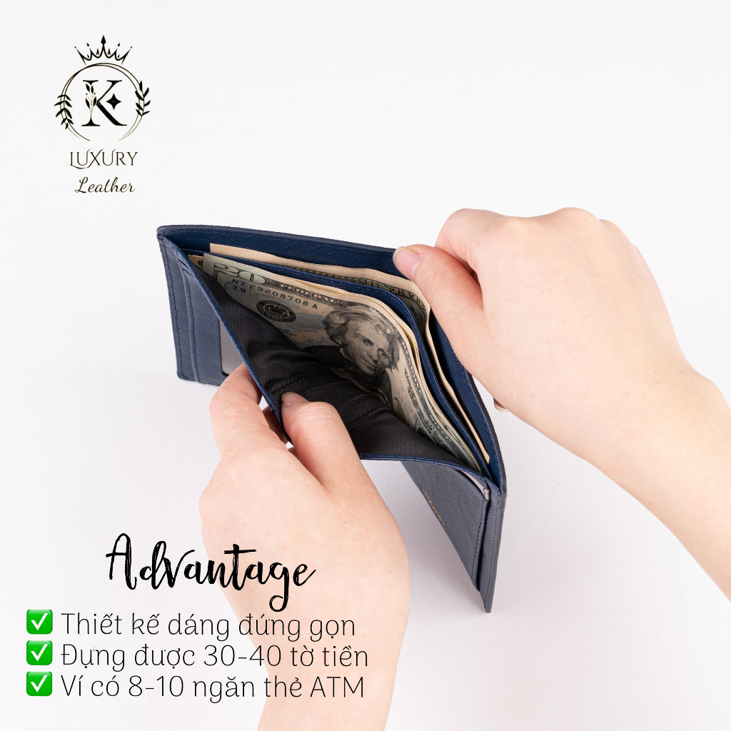 K LUXURY LEATHER- Ví Nam Da Thật Saffiano Cao Cấp Nhỏ Gọn Dáng Đứng 𝐋𝐎𝐀̣𝐈 𝟏 Tặng Hộp Túi Bảo Hành 12 Mã KT006