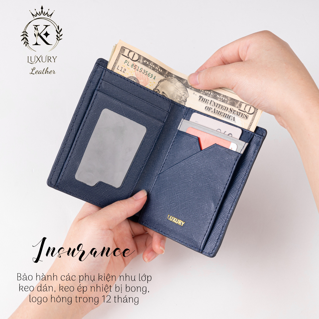 K LUXURY LEATHER- Ví Nam Da Thật Saffiano Cao Cấp Nhỏ Gọn Dáng Đứng 𝐋𝐎𝐀̣𝐈 𝟏 Tặng Hộp Túi Bảo Hành 12 Mã KT006