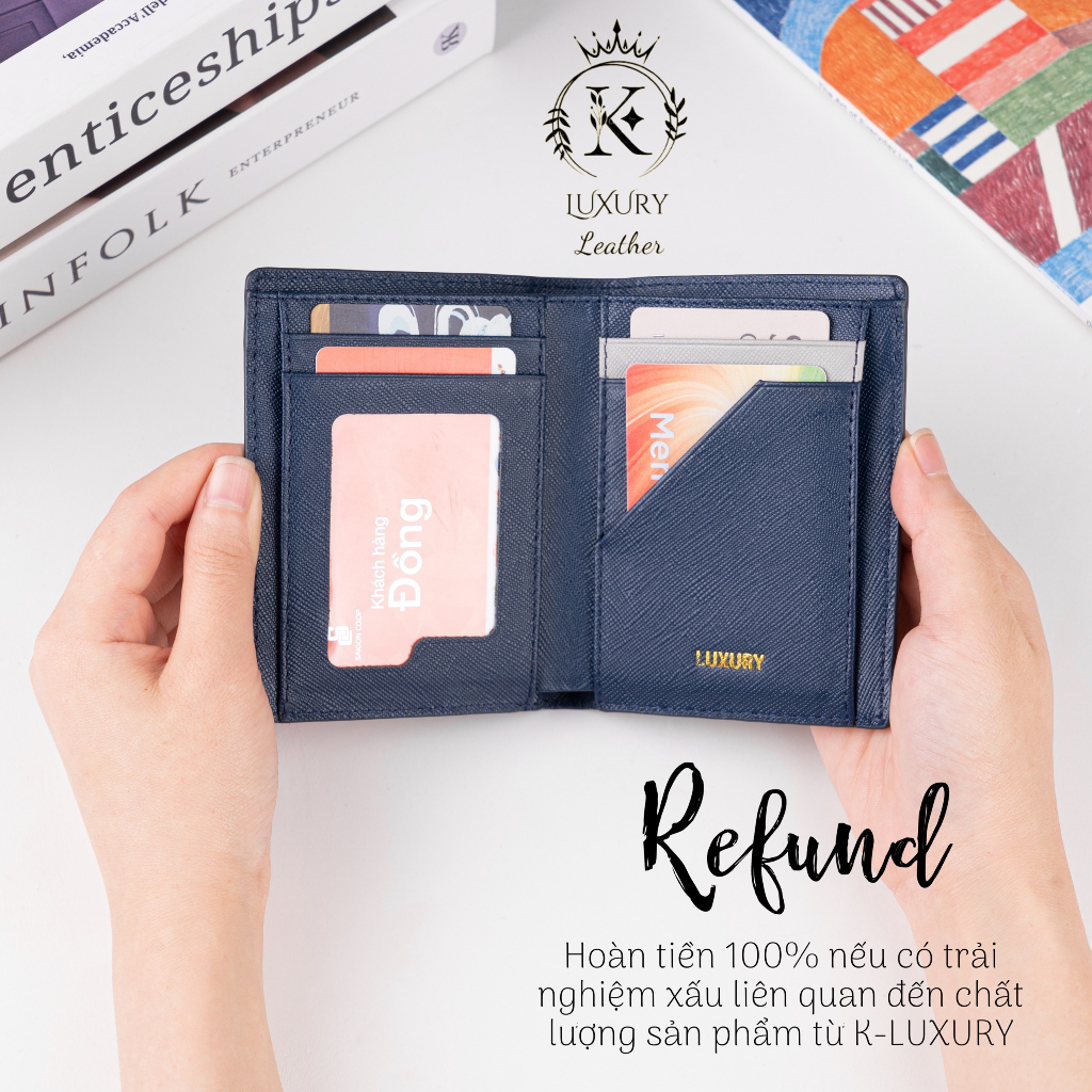 K LUXURY LEATHER- Ví Nam Da Thật Saffiano Cao Cấp Nhỏ Gọn Dáng Đứng 𝐋𝐎𝐀̣𝐈 𝟏 Tặng Hộp Túi Bảo Hành 12 Mã KT006
