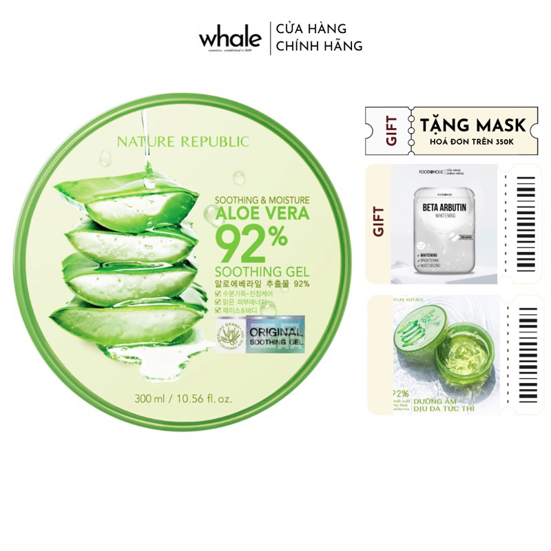 Gel lô hội Soothing & Moisture Aloe Vera 92% Nature Republic 300ml - Gel nha đam đa năng - Amora Skinlab
