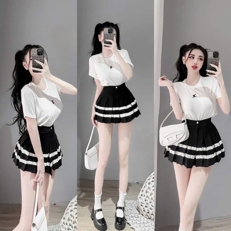 Set váy kiểu xếp li phối viền bèo siêu dễ thương ( ảnh thật trải sàn )