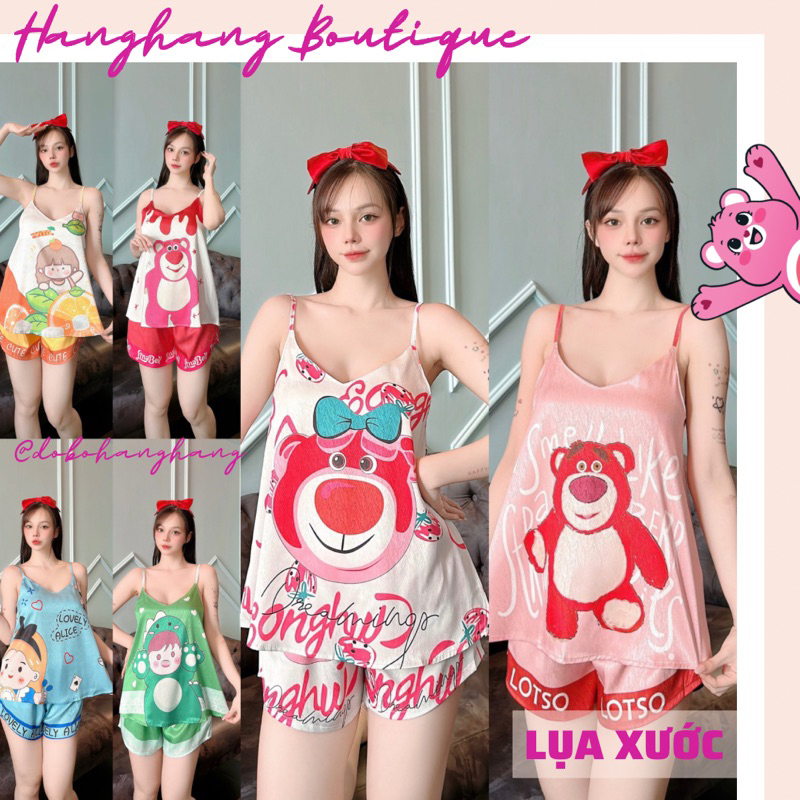 Bộ đồ ngủ đùi 2 dây lụa latin satin mango xước, set đồ nữ mặc nhà giá rẻ, đồ ngủ nữ gấu dâu cute, đồ bộ nữ hot trend mới