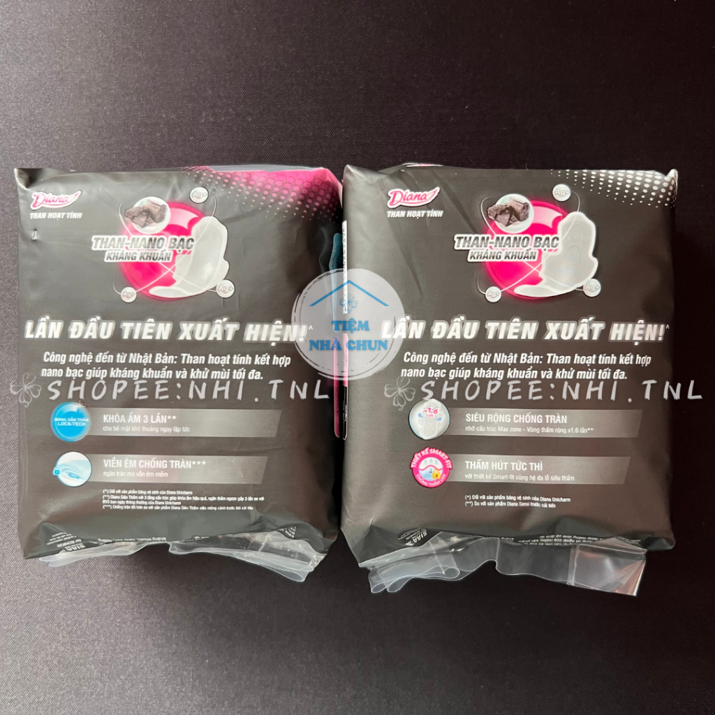 CHE TÊN  -  LỐC 6 GÓI 8 MIẾNG 23CM - Băng Vệ Sinh Diana Than Hoạt Tính Nano Bạc Mặt Bông / Mặt Lưới - NHI.TNL