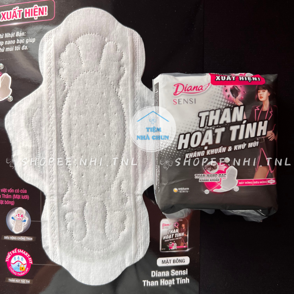 -   - GÓI 8 MIẾNG 23CM - Băng Vệ Sinh Diana Than Hoạt Tính Nano Bạc Mặt Bông / Mặt Lưới - NHI.TNL