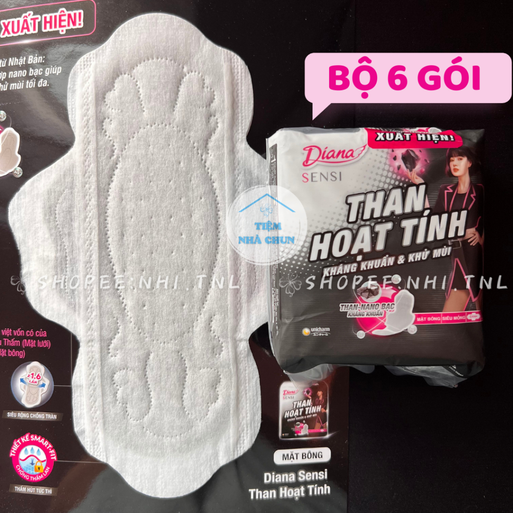 CHE TÊN  -  LỐC 6 GÓI 8 MIẾNG 23CM - Băng Vệ Sinh Diana Than Hoạt Tính Nano Bạc Mặt Bông / Mặt Lưới - NHI.TNL