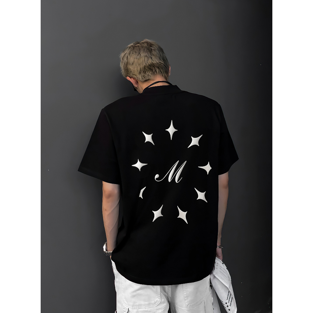 Áo thun in nổi ngôi sao hình tròn - Form America, tay lỡ unisex, 100% Cotton 2WS