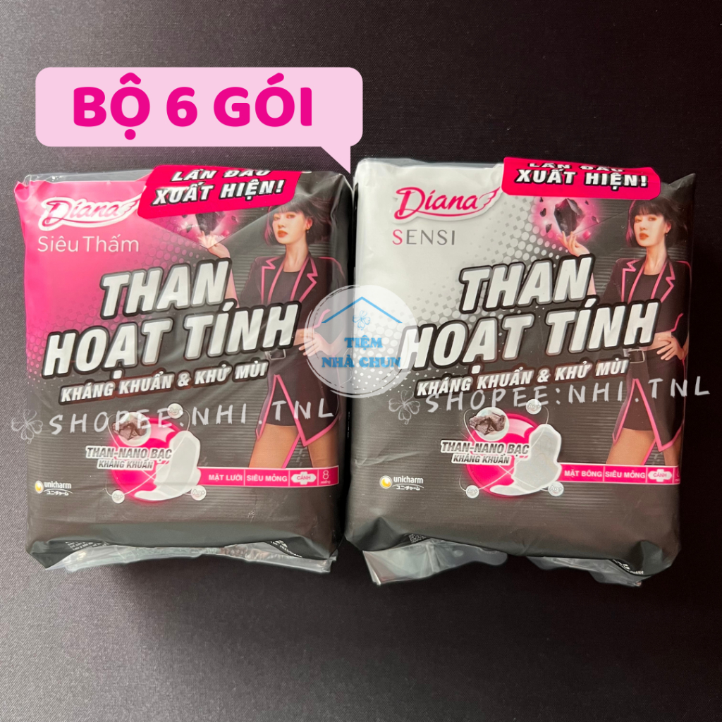 CHE TÊN  -  LỐC 6 GÓI 8 MIẾNG 23CM - Băng Vệ Sinh Diana Than Hoạt Tính Nano Bạc Mặt Bông / Mặt Lưới - NHI.TNL