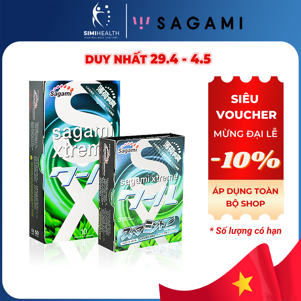 Bao cao su kéo dài thời gian SAGAMI Spearmint 0.03 Nhật Bản chính hãng hương bạc hà mát lạnh bcs chống xuất tinh sớm