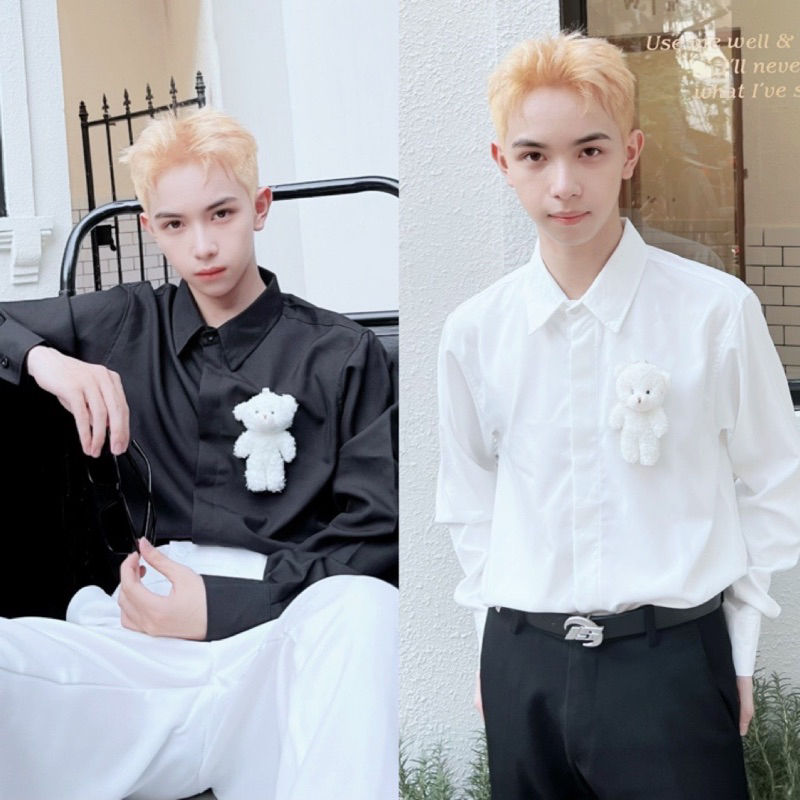 Áo Sơ Mi Tay Dài Basic Giấu Nút Gắn Gấu Bông Tháo Rời Được, chất vải dày dặn Mr Smile 99 shop SM090