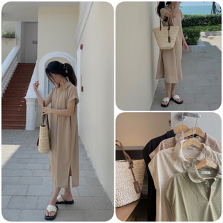 Đầm suông midi trơn màu cổ polo xẻ tà vintage