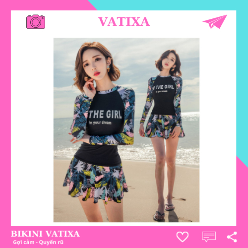 Đồ bơi nữ Bikini đi biển dài tay hoạ tiết quần liền váy 2 lớp kín đáo VATIXA BKN131