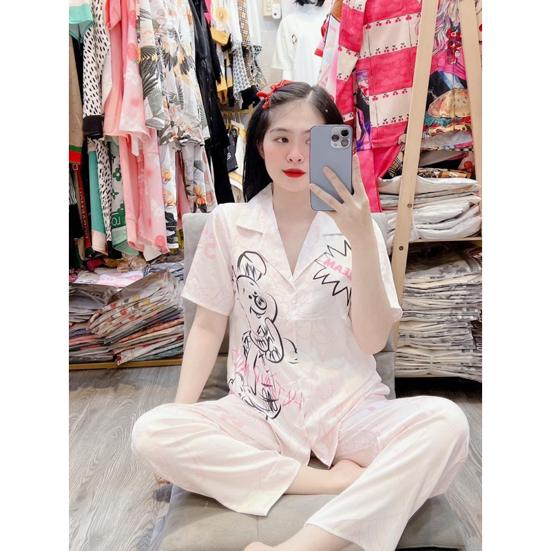 Bộ ngủ Heo hồng dài và ngắn tay,TK lụa xước ánh kim của 2CE