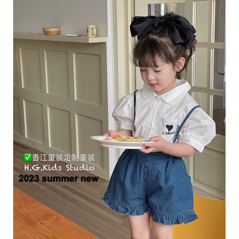 10-20kg set 2ct áo sơ mi ngắn tay cổ tròn kèm quần yếm bò cho bé gái