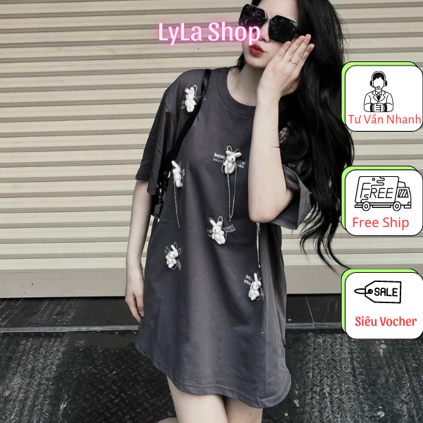 Hot 2023 - Áo Phông Đính Thỏ Mini Dây Đá, Áo Phông Cho Nữ Mùa Hè, Áo Thun Chất Cotton Form Rộng