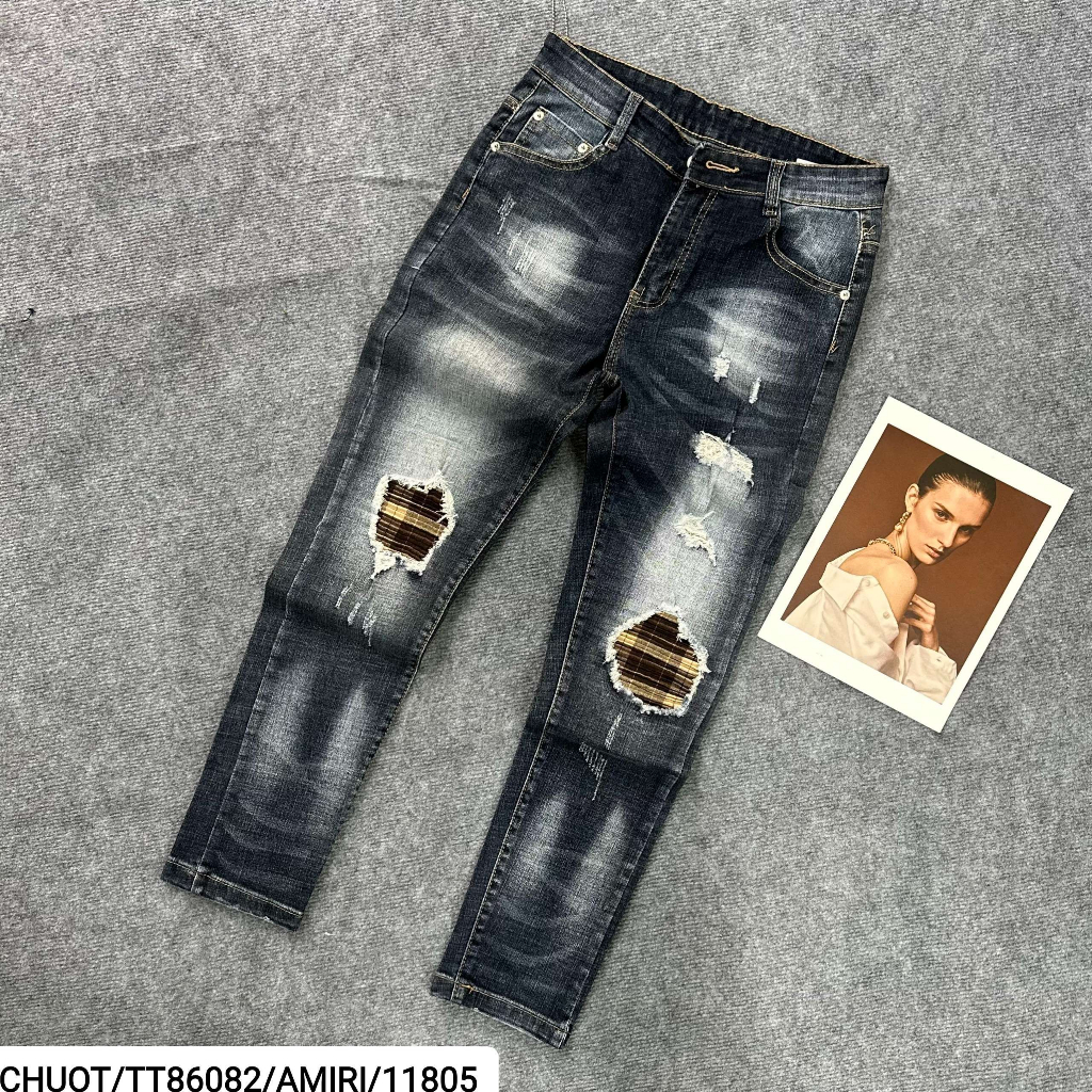 Quần jeans nam Amiri TT86082 Xanh đậm mài bạc,rách vá trần nhăn nâu,phun chữ trắng,Size 28/32