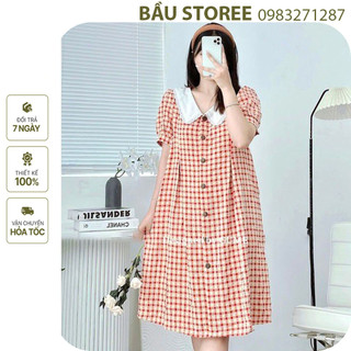 Đầm váy bầu công sở mùa hè kẻ caro cổ sơ mi dáng suông dài đẹp - đầm bầu baydoll thời trang hàn
