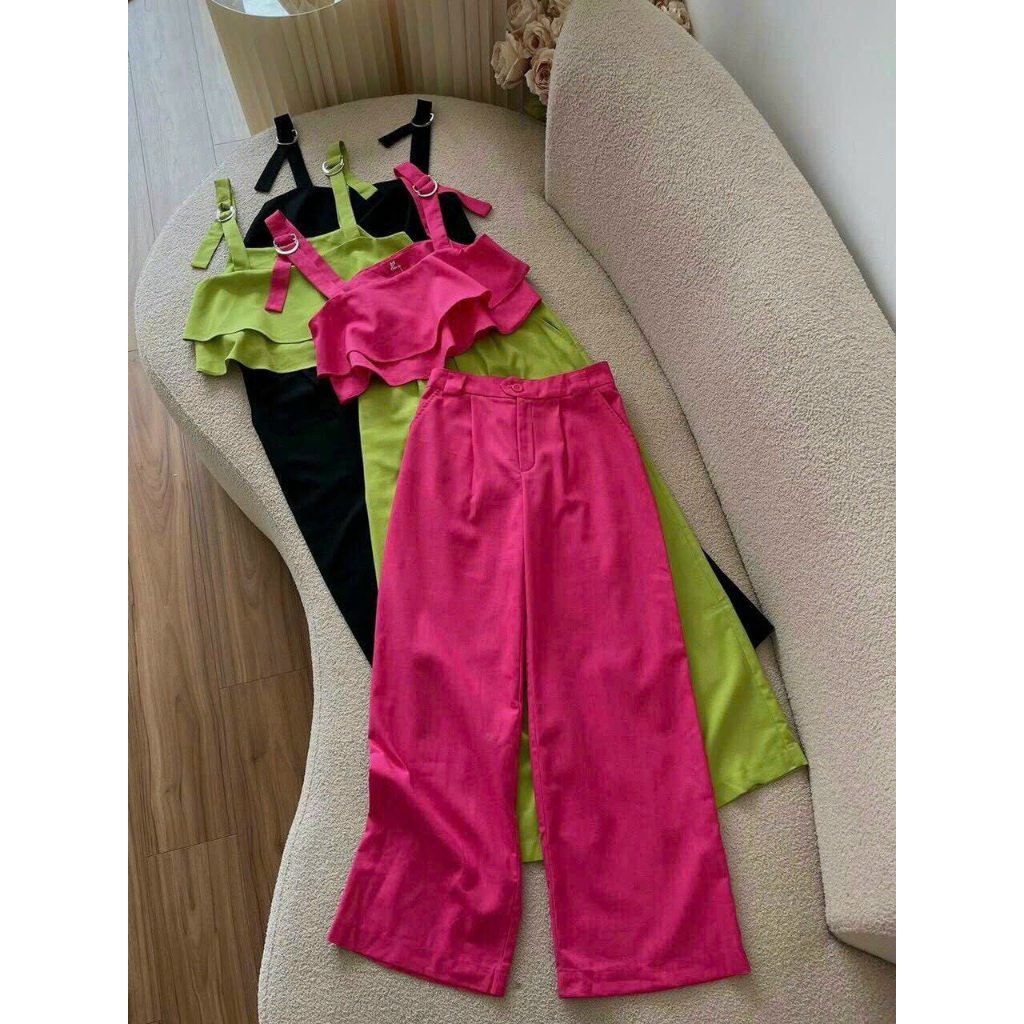 [5.5 Sales Freeship] Set bộ áo 2 dây bèo tầng mix quần dài ống rộng, set bộ đi biển màu trơn dây vai xích xinh xắn TH