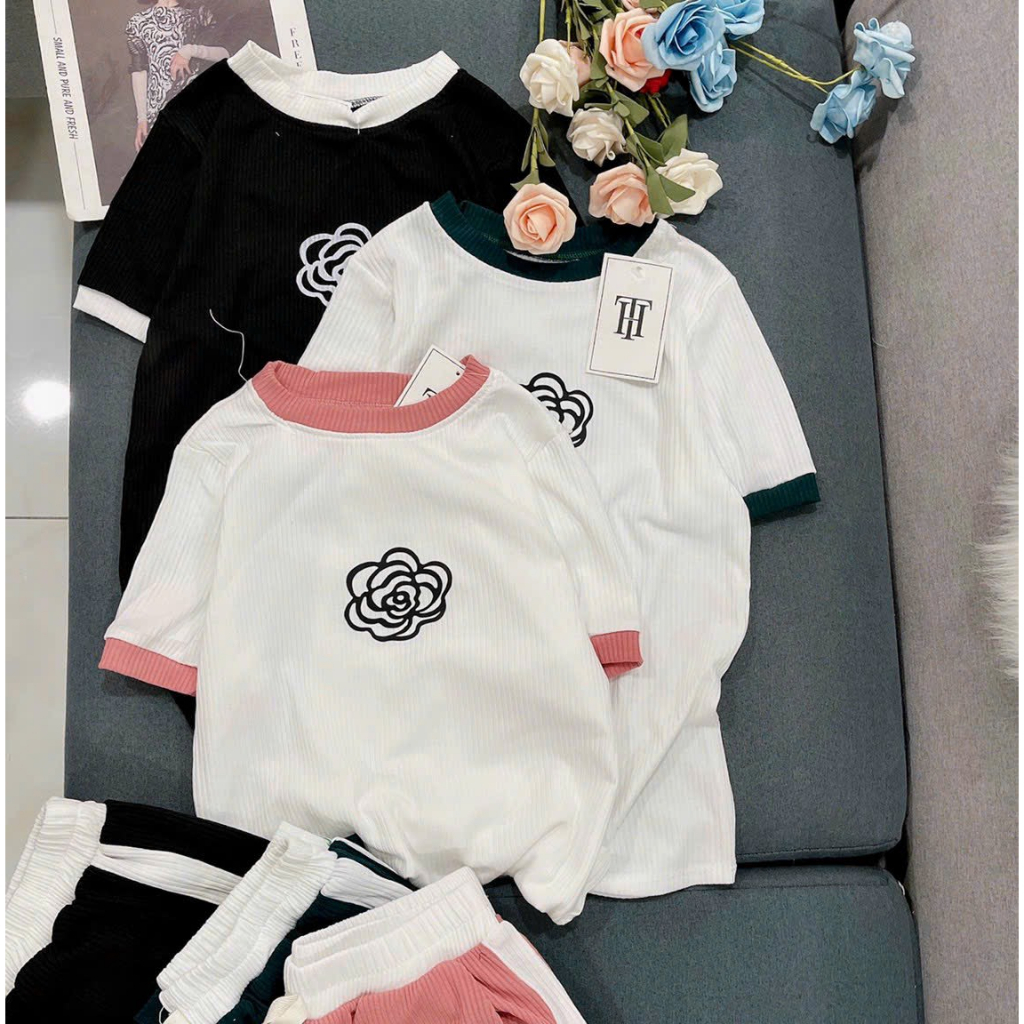 [5.5 Sales Freeship] Set áo thun trắng tay ngắn thêu hoa mix quần dài ống suông phối viền, bộ thun gân nữ thoải mái TH