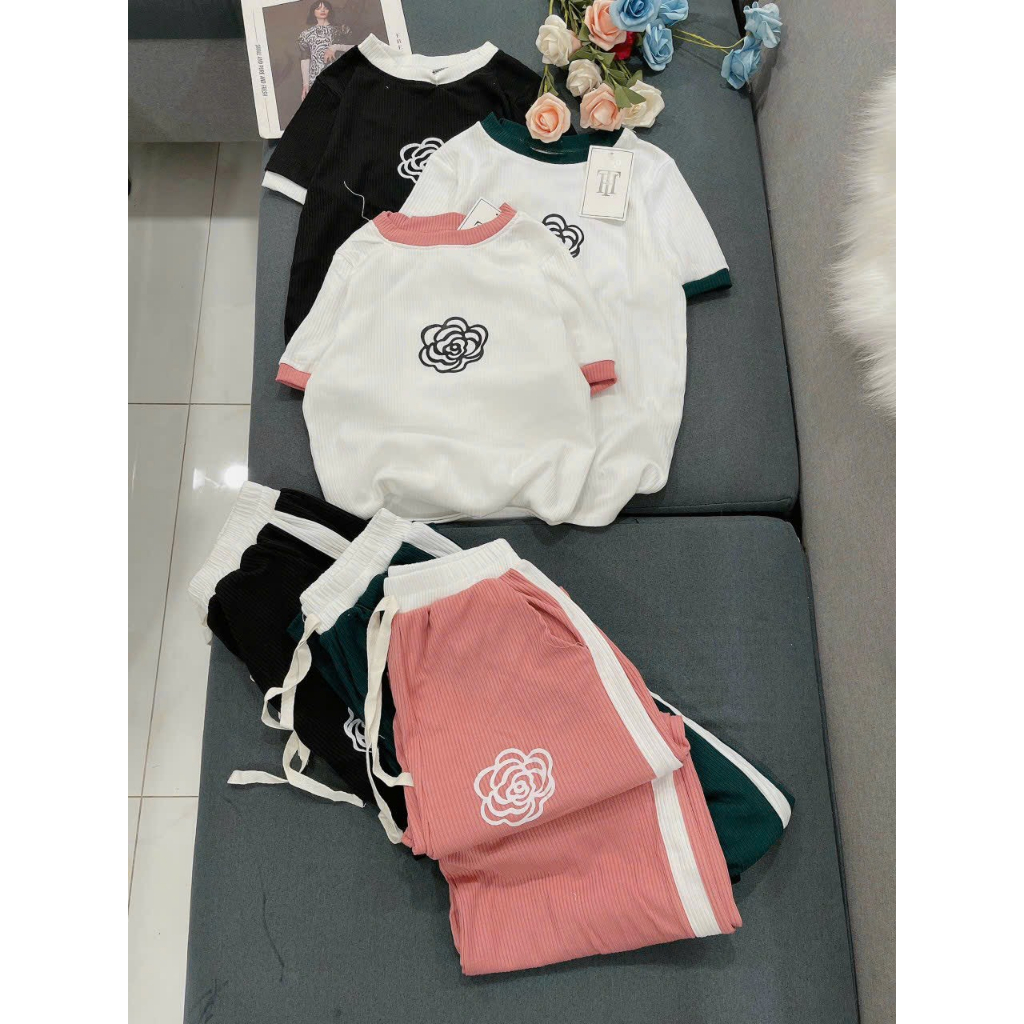 [5.5 Sales Freeship] Set áo thun trắng tay ngắn thêu hoa mix quần dài ống suông phối viền, bộ thun gân nữ thoải mái TH