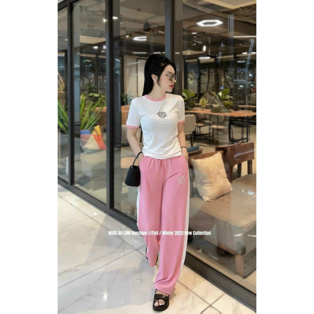 [5.5 Sales Freeship] Set áo thun trắng tay ngắn thêu hoa mix quần dài ống suông phối viền, bộ thun gân nữ thoải mái TH