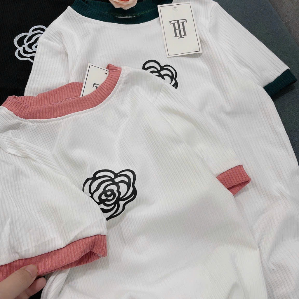 [5.5 Sales Freeship] Set áo thun trắng tay ngắn thêu hoa mix quần dài ống suông phối viền, bộ thun gân nữ thoải mái TH