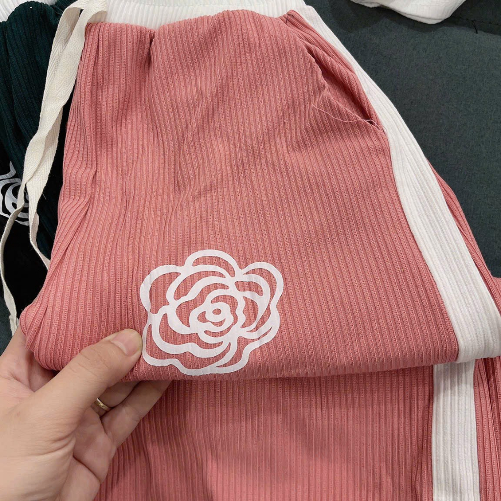 [5.5 Sales Freeship] Set áo thun trắng tay ngắn thêu hoa mix quần dài ống suông phối viền, bộ thun gân nữ thoải mái TH