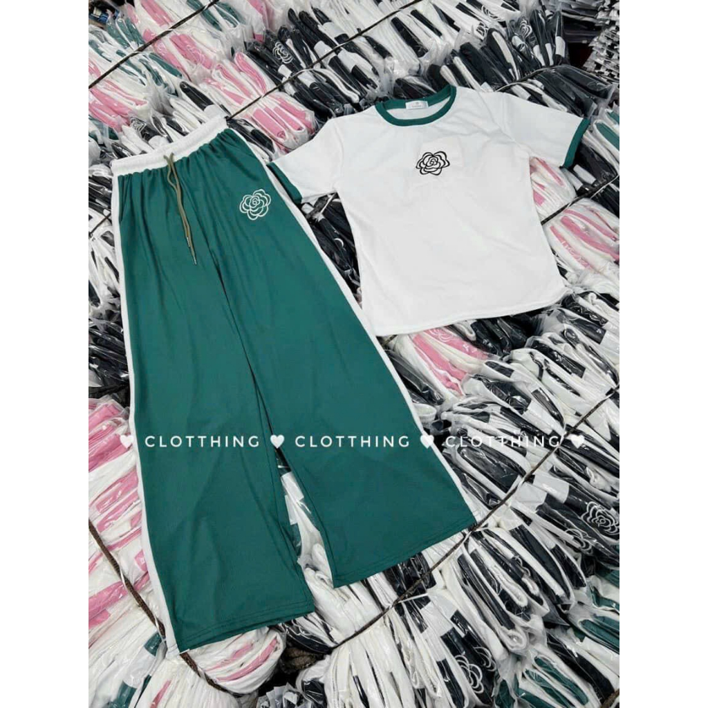 [5.5 Sales Freeship] Set áo thun trắng tay ngắn thêu hoa mix quần dài ống suông phối viền, bộ thun gân nữ thoải mái TH
