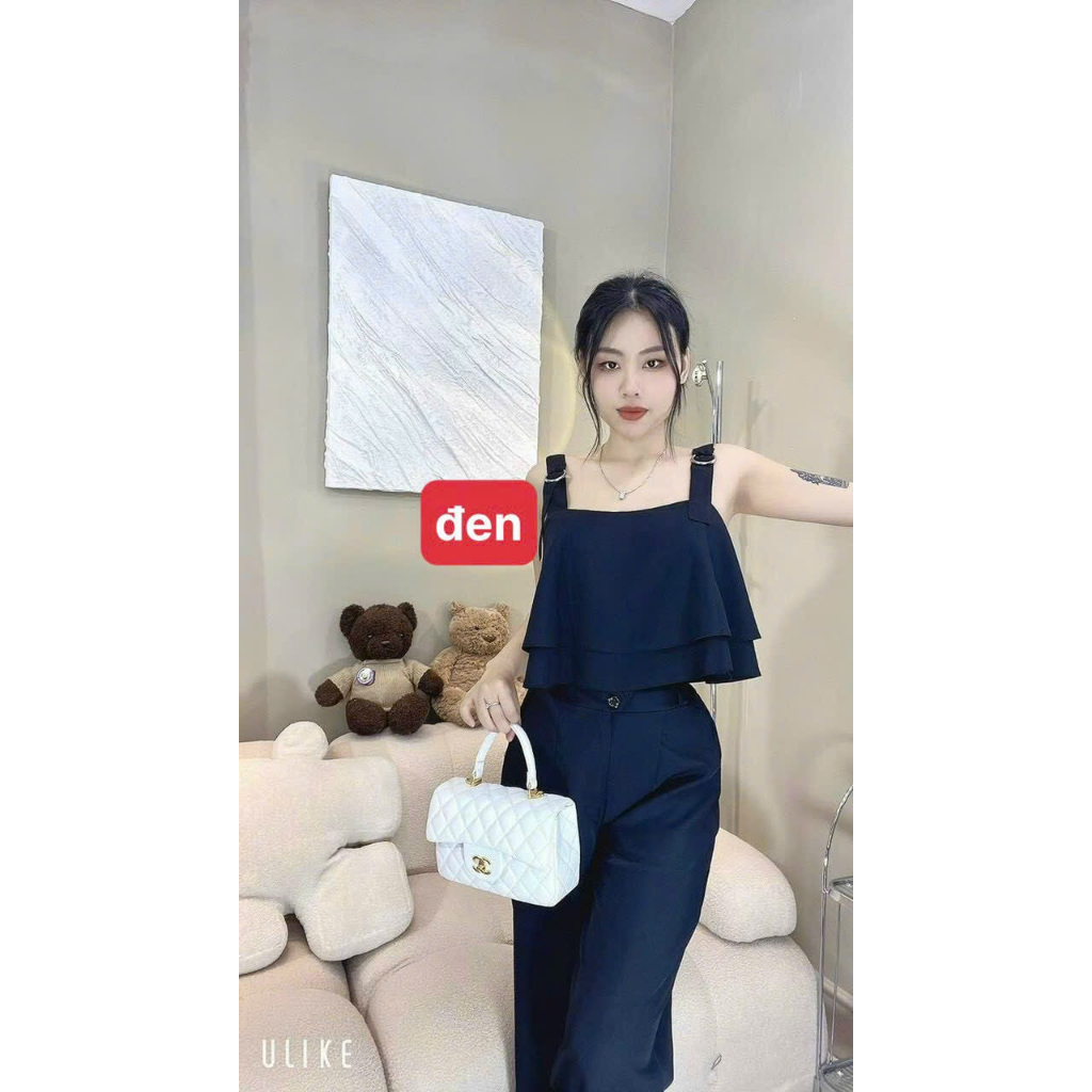 [5.5 Sales Freeship] Set bộ áo 2 dây bèo tầng mix quần dài ống rộng, set bộ đi biển màu trơn dây vai xích xinh xắn TH
