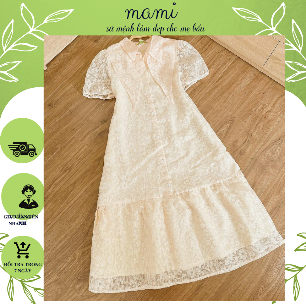 Váy bầu, đầm bầu thiết kế Mami cổ bẻ dáng suông dài chất liệu ren thêu hoa, bên trong lót lụa thoáng mát size 40-80kg