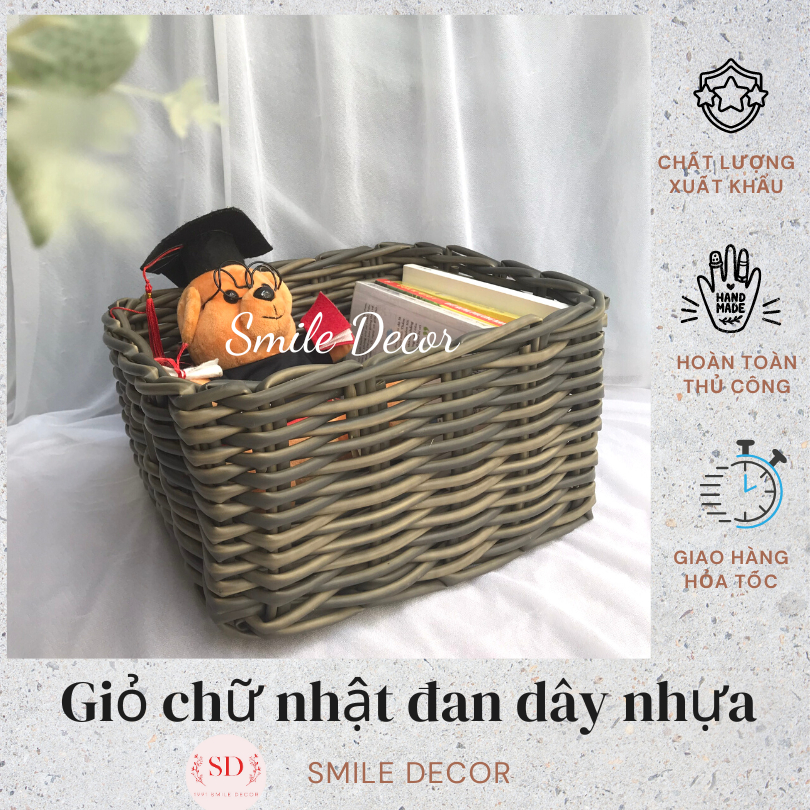 Giỏ nhựa đựng đồ đa năng Smile Decor (hàng xuất dư) - Grey handwoven plastic storage basket