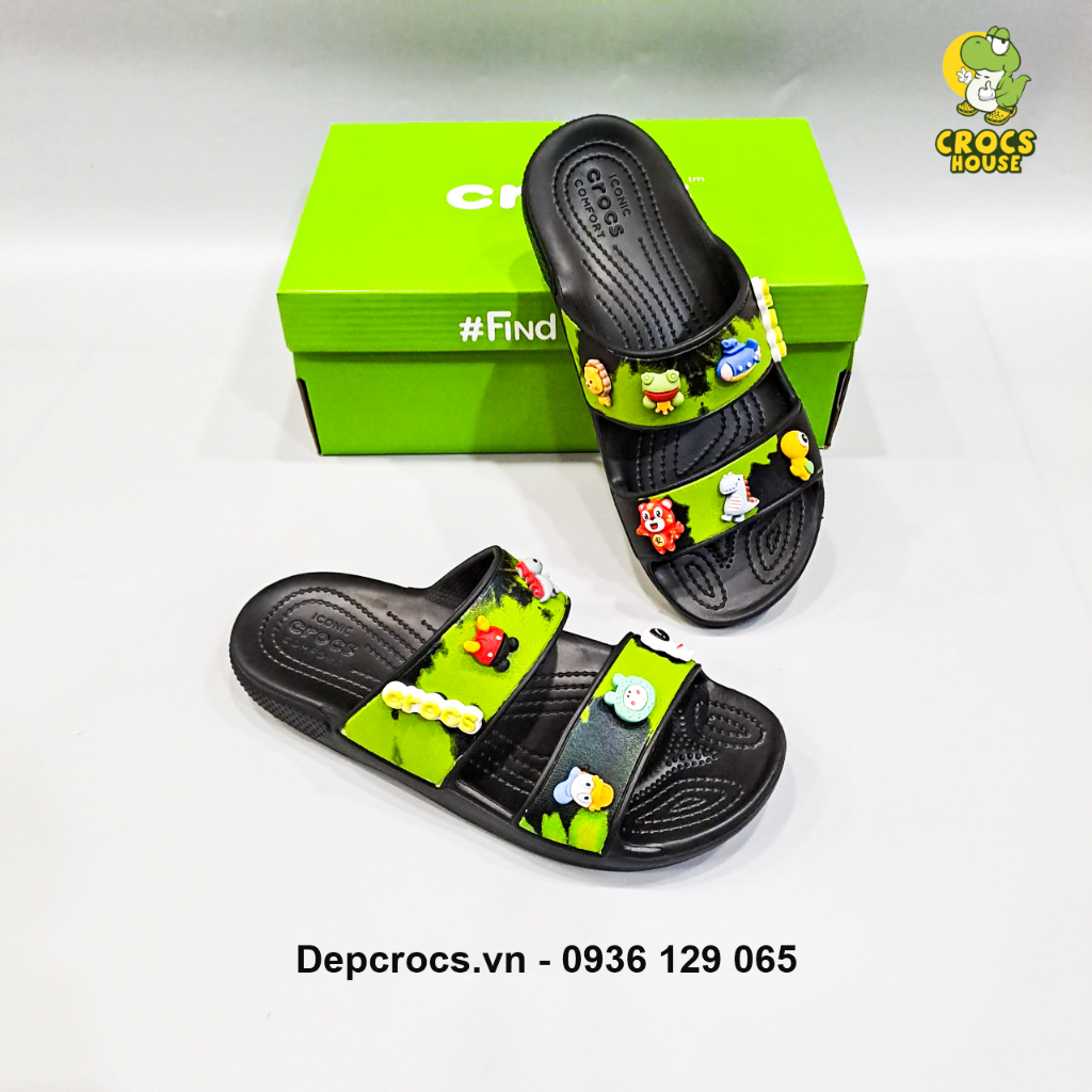 Dép cross hai quai ngang hoạ tiết classic tặng 2 sticker gắn dép, dép quai ngang cross nam nữ - Nhà Cá Sấu