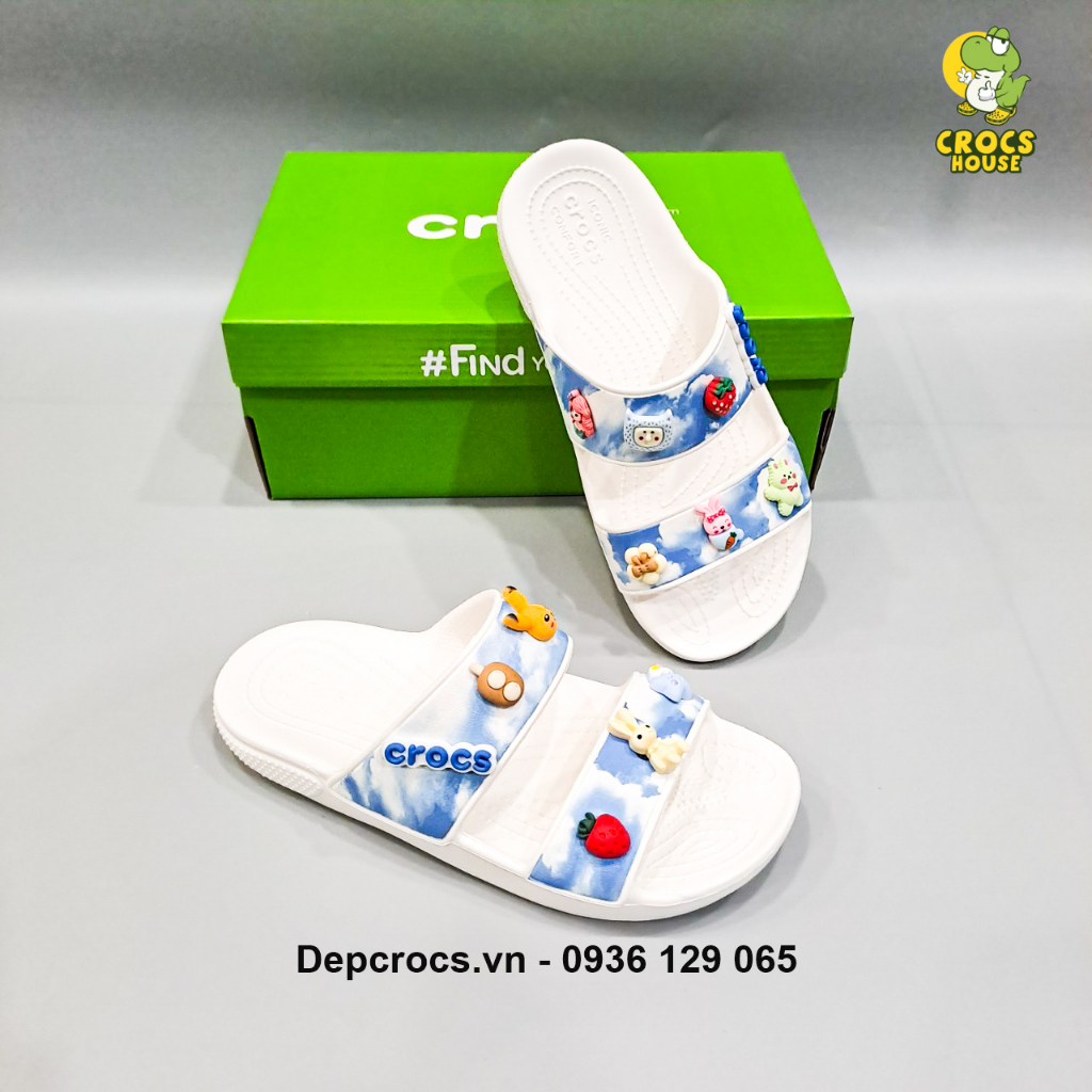 Dép cross hai quai ngang hoạ tiết classic tặng 2 sticker gắn dép, dép quai ngang cross nam nữ - Nhà Cá Sấu