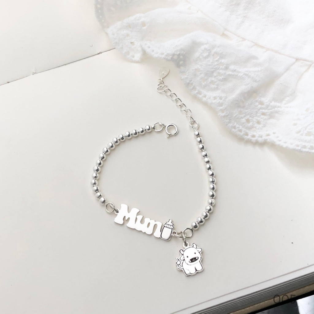 Lắc tay bạc cho bé TLEE, vòng tay thiết kế theo yêu cầu tên chữ kèm chibi đáng yêu TleeJewelry LT0127