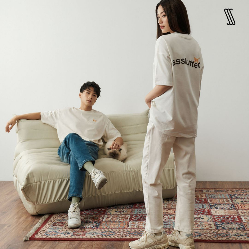 Áo thun cổ tròn in hình nam nữ SSSTUTTER dáng rộng thun cotton 2 chiều thoáng mát tay loose in nổi CAT & RABBIT TEE