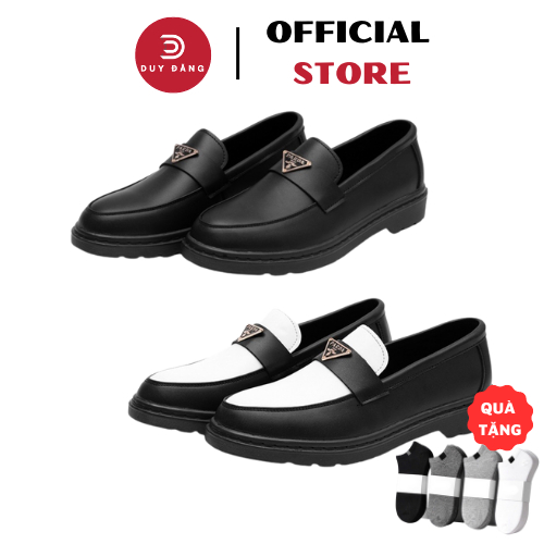 Giầy Penny Loafer Black White da Nguyên tấm,Giầy Sơn Tùng đế phíp siêu sang,lô gô Prado mới nhất hiện nay