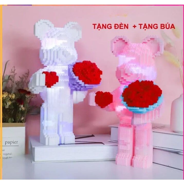 Đồ chơi lắp ráp Gấu Bearbrick cỡ lớn ôm hoa ôm bó hoa 35cm xếp hình mô hình bear brick nano 3D