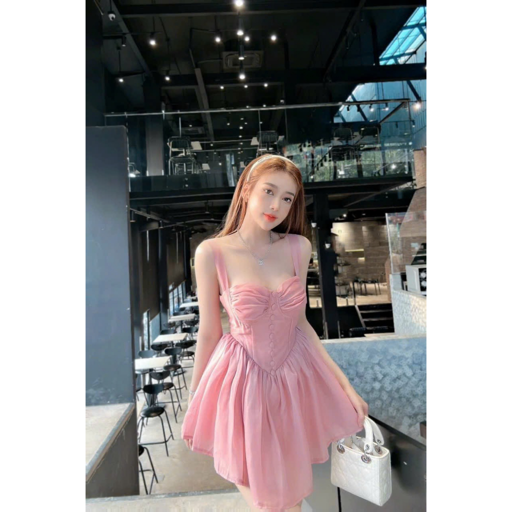 [5.5 Sales Freeship] Đầm tiểu thư, đầm cúp ngực 2 dây nhún ôm eo dáng xoè chất tơ xốp có lót quần sang chảnh TH