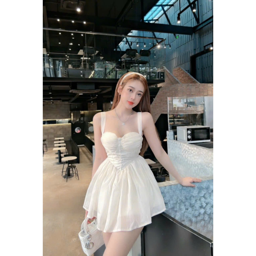[5.5 Sales Freeship] Đầm tiểu thư, đầm cúp ngực 2 dây nhún ôm eo dáng xoè chất tơ xốp có lót quần sang chảnh TH