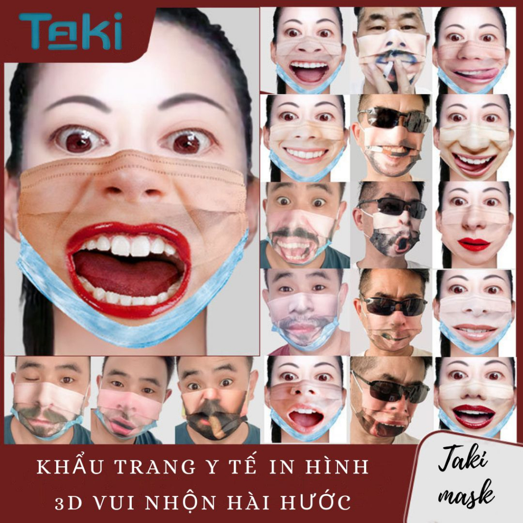 [Set 10 cái] Khẩu trang y tế mặt người cười in hình 3D hài hước vui nhộn troll chất liệu vải mềm mịn 3 lớp phòng dịch
