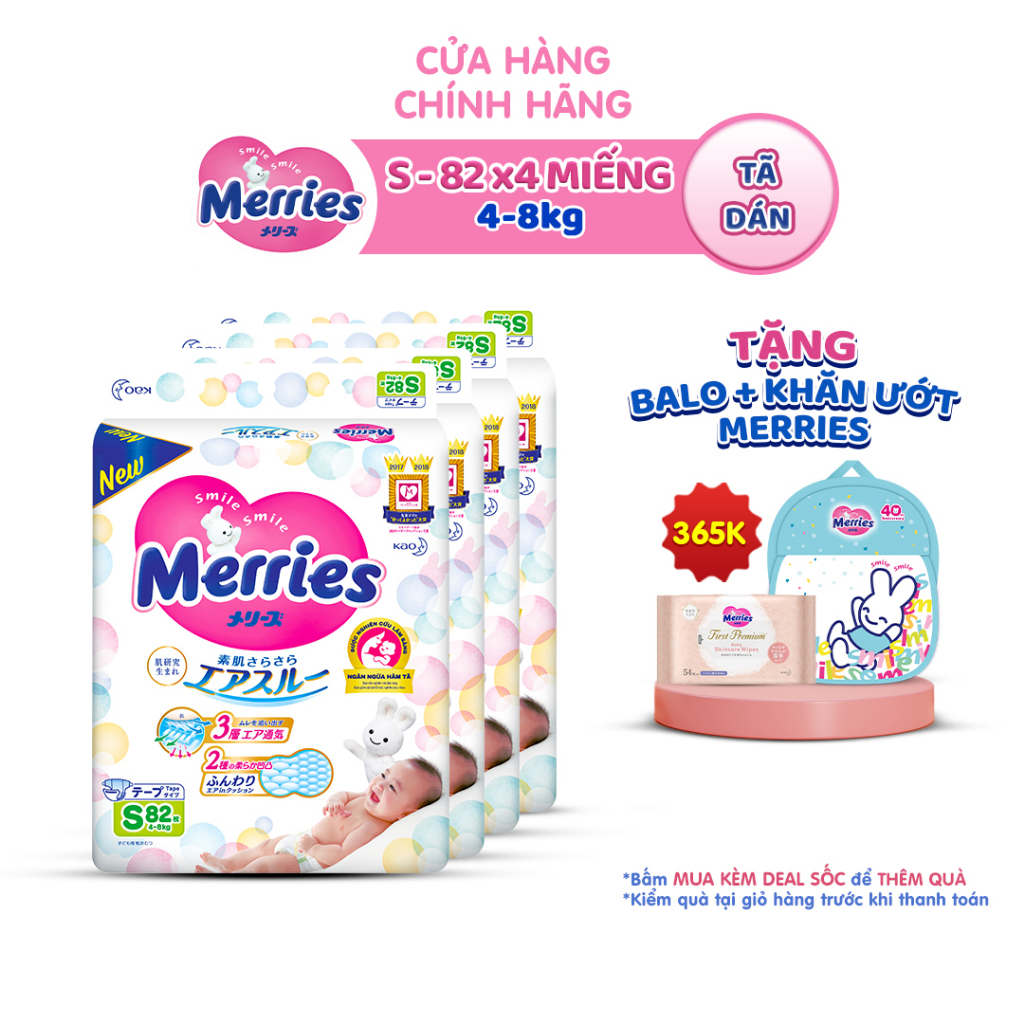 Combo 4 Tã dán Merries Đủ Size NB90/S82/M64/L54/XL44