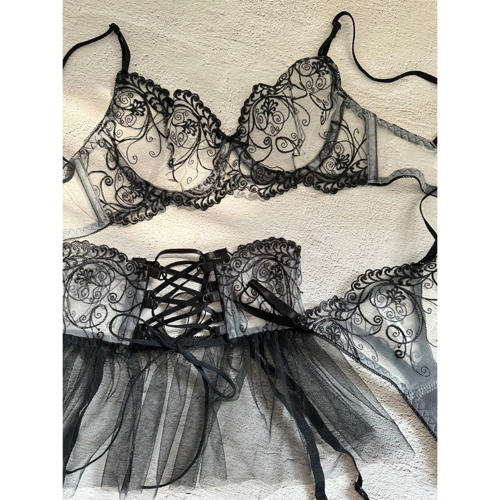 Gemma | Bộ Đồ Lót Ren Nữ Màu Đen Áo Ngực Ren Có Gọng Không Mút Xuyên Thấu Hàng Thiết Kế La Perbra