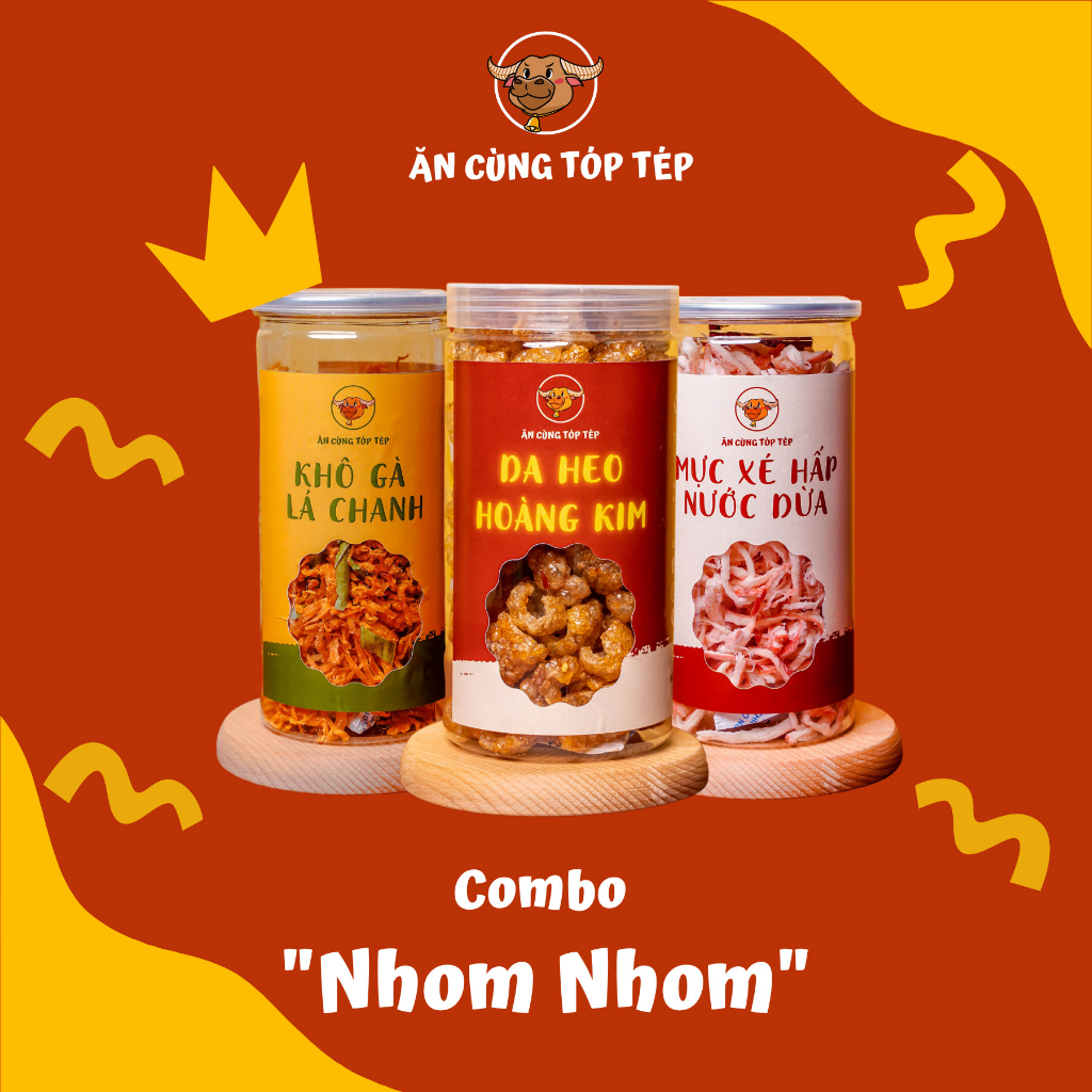 Combo Nhom Nhom nhà Tóp Tép ( Khô gà, da heo hoàng kim, Mực hấp nước dừa) tặng đồ ăn vặt 1k