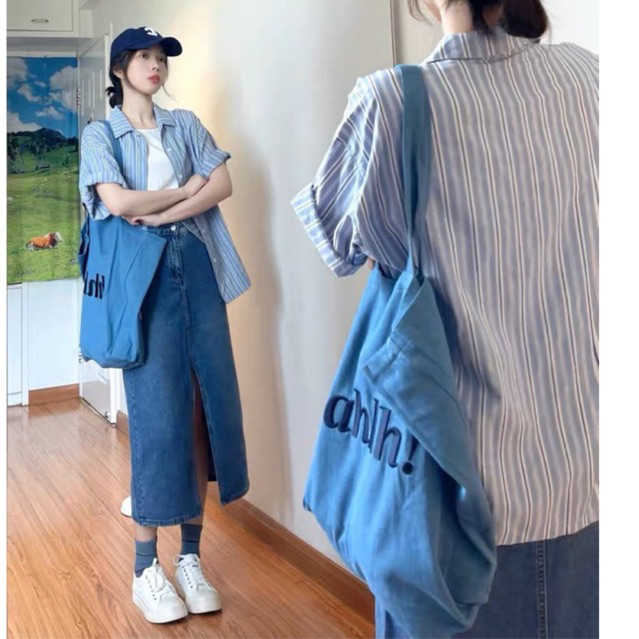 Set áo sơ mi kẻ sọc kèm chân váy 3 món ullzang